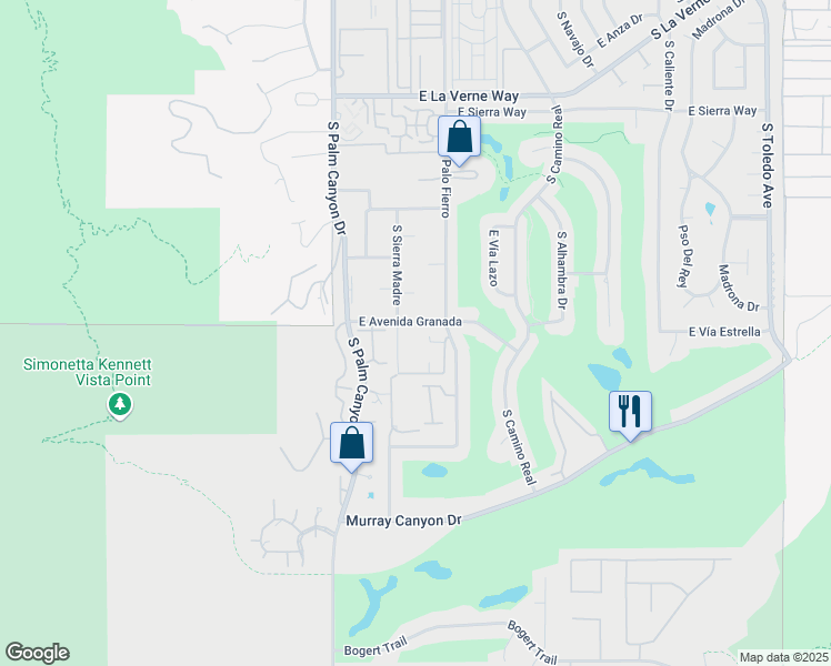 map of restaurants, bars, coffee shops, grocery stores, and more near 355 East Avenida Granada in Palm Springs