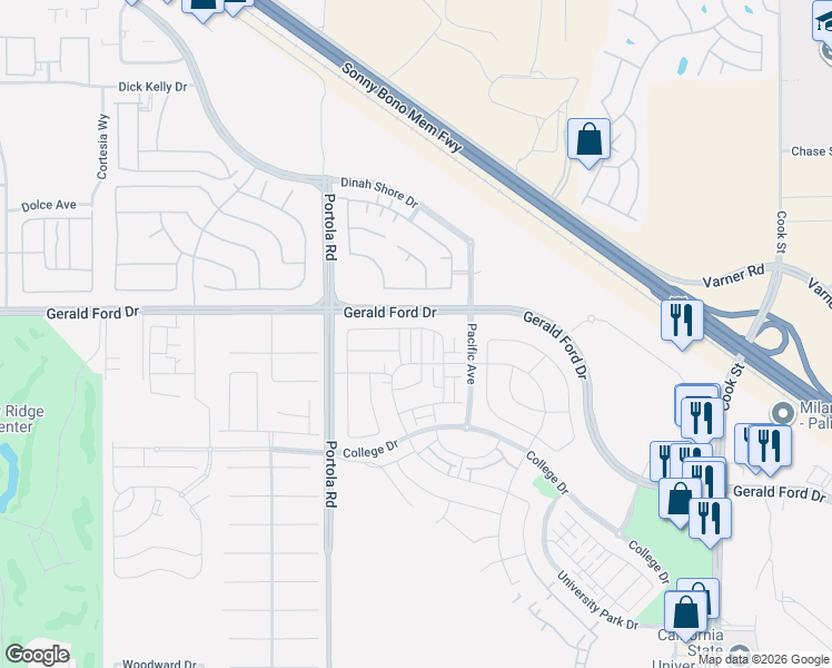 map of restaurants, bars, coffee shops, grocery stores, and more near 74551 Tesla Drive in Palm Desert