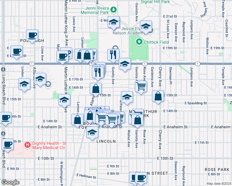 map of restaurants, bars, coffee shops, grocery stores, and more near 1493 Gundry Avenue in Long Beach