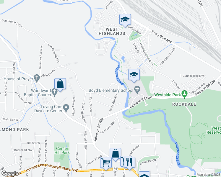 map of restaurants, bars, coffee shops, grocery stores, and more near 1979 East Avenue Northwest in Atlanta