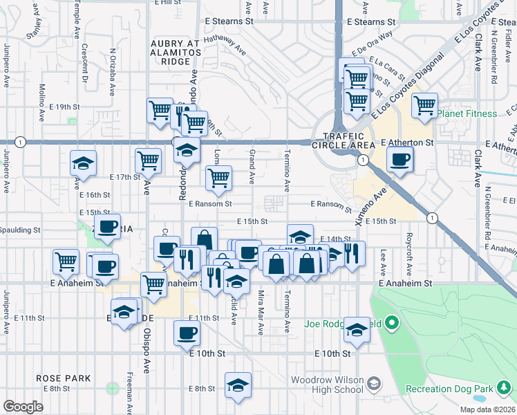 map of restaurants, bars, coffee shops, grocery stores, and more near 1534 Grand Avenue in Long Beach