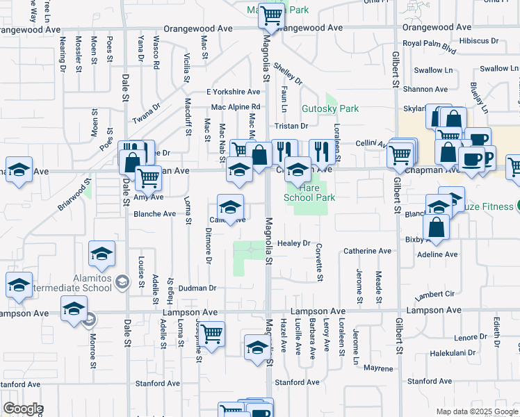 map of restaurants, bars, coffee shops, grocery stores, and more near 8962 Blossom Avenue in Garden Grove