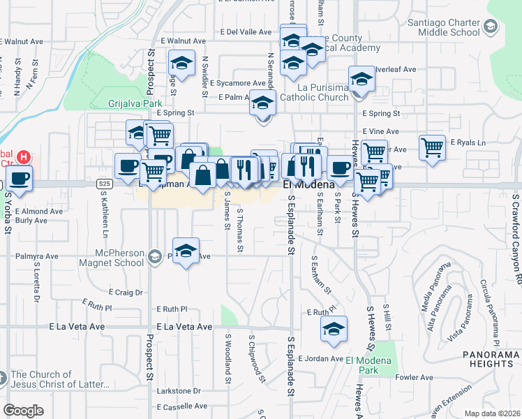 map of restaurants, bars, coffee shops, grocery stores, and more near 100 South Seranado Street in Orange