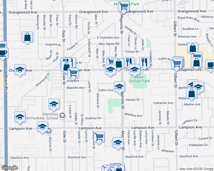 map of restaurants, bars, coffee shops, grocery stores, and more near 8852 Blossom Avenue in Garden Grove