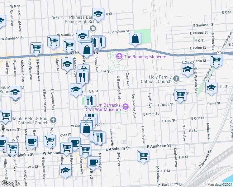 map of restaurants, bars, coffee shops, grocery stores, and more near 1147 North Banning Boulevard in Los Angeles