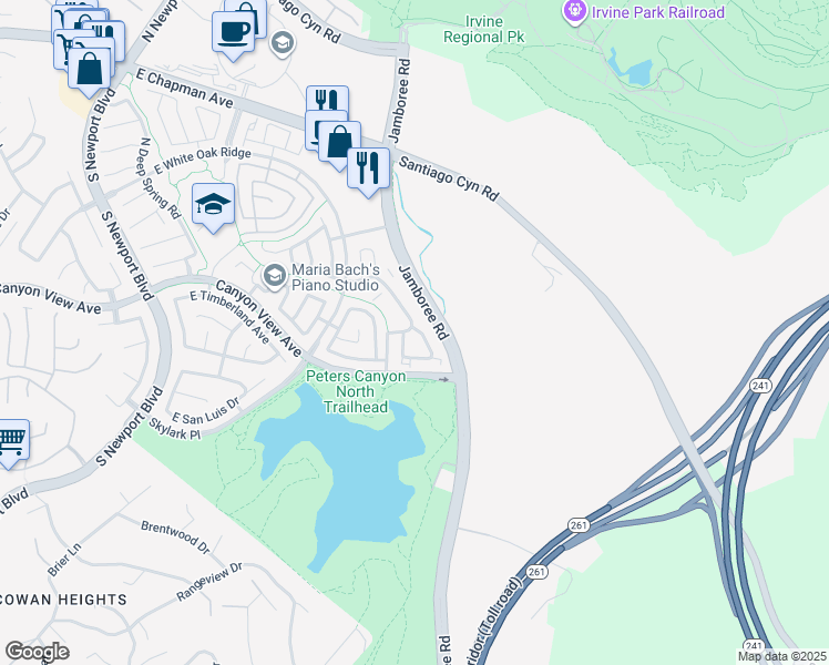 map of restaurants, bars, coffee shops, grocery stores, and more near 211 South Grisly Canyon Drive in Orange