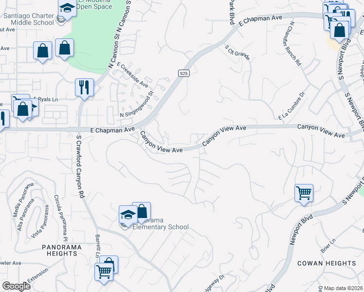 map of restaurants, bars, coffee shops, grocery stores, and more near 6140 East Wimbleton Court in Orange
