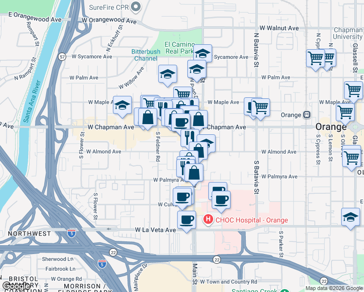 map of restaurants, bars, coffee shops, grocery stores, and more near 1455 West Almond Avenue in Orange