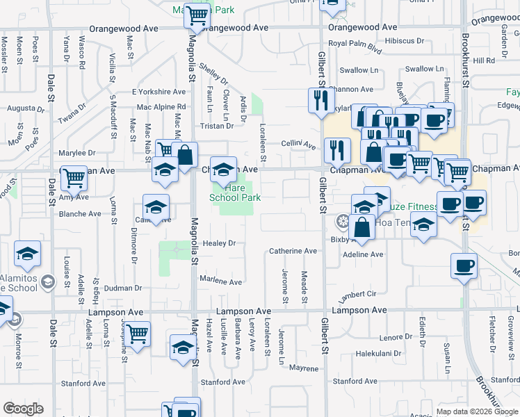 map of restaurants, bars, coffee shops, grocery stores, and more near 12162 Corvette Street in Garden Grove