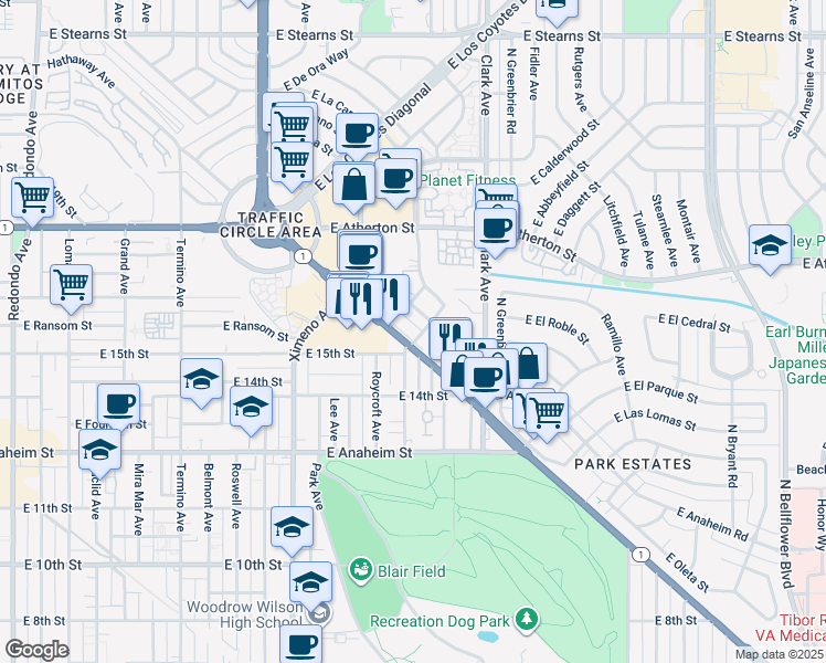 map of restaurants, bars, coffee shops, grocery stores, and more near 4787 Pacific Coast Highway in Long Beach