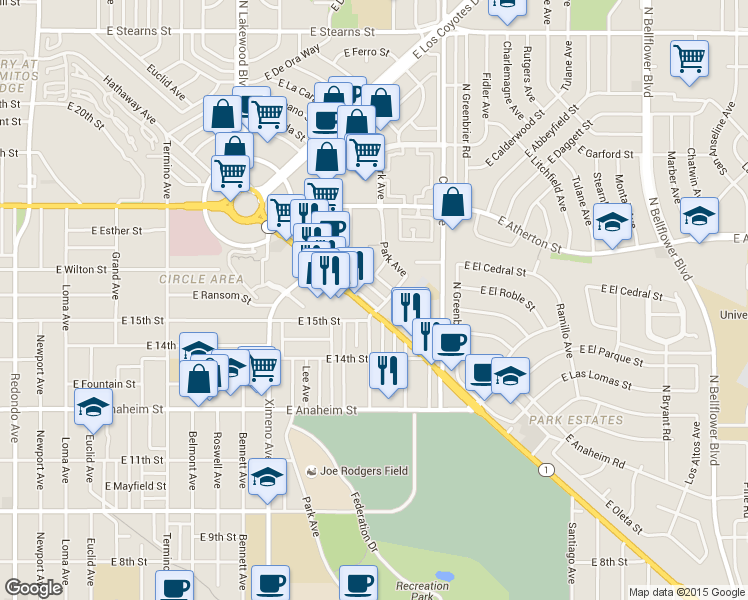 map of restaurants, bars, coffee shops, grocery stores, and more near 1488 Park Avenue in Long Beach