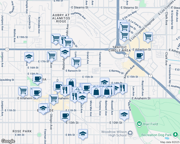 map of restaurants, bars, coffee shops, grocery stores, and more near 3821 East 15th Street in Long Beach