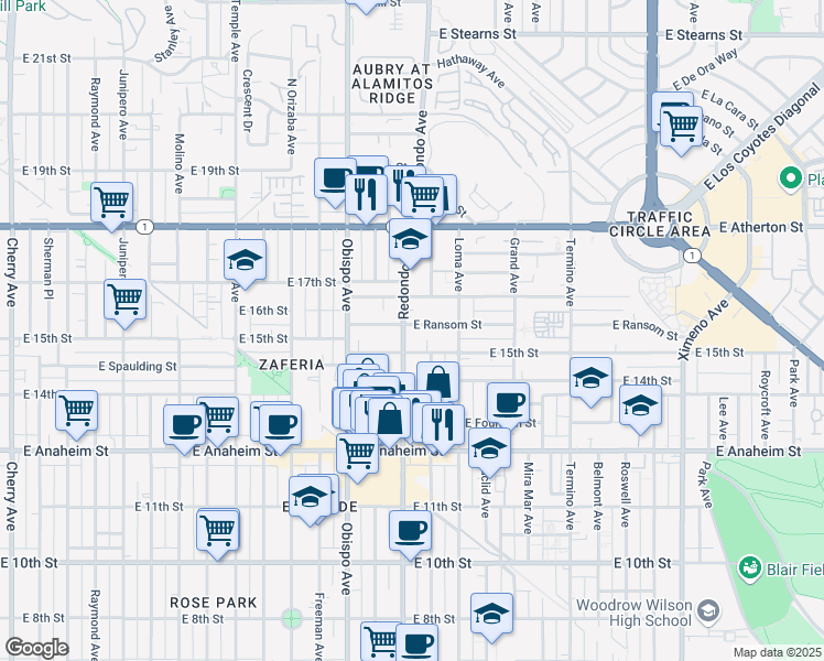 map of restaurants, bars, coffee shops, grocery stores, and more near 3403 East 15th Street in Long Beach