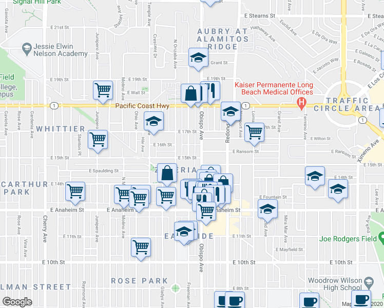 map of restaurants, bars, coffee shops, grocery stores, and more near 1485 Obispo Avenue in Long Beach