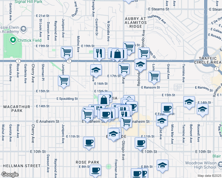 map of restaurants, bars, coffee shops, grocery stores, and more near 1490 Orizaba Avenue in Long Beach