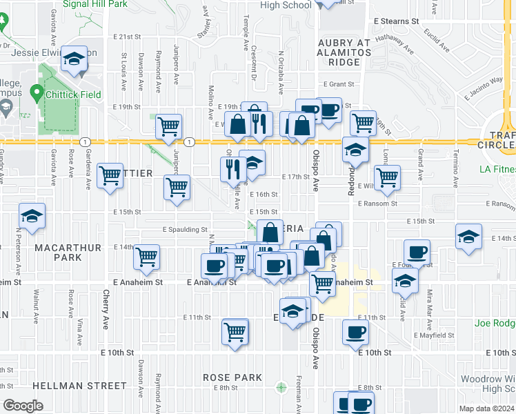 map of restaurants, bars, coffee shops, grocery stores, and more near 2840 East 15th Street in Long Beach