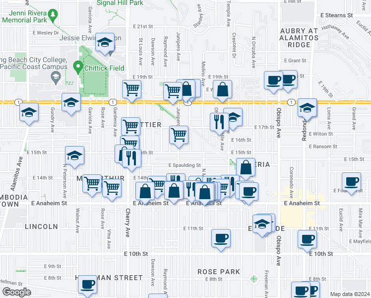 map of restaurants, bars, coffee shops, grocery stores, and more near 2440 East 15th Street in Long Beach