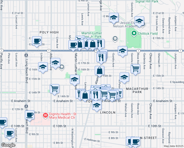 map of restaurants, bars, coffee shops, grocery stores, and more near in Long Beach