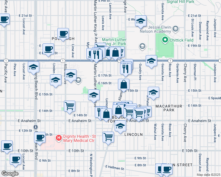 map of restaurants, bars, coffee shops, grocery stores, and more near 1490 Lemon Avenue in Long Beach