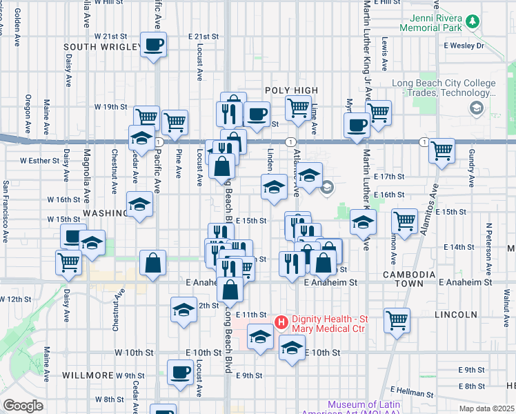 map of restaurants, bars, coffee shops, grocery stores, and more near 1534 Elm Avenue in Long Beach