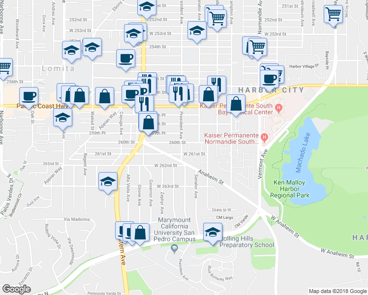 map of restaurants, bars, coffee shops, grocery stores, and more near 1537 261st Street in Los Angeles