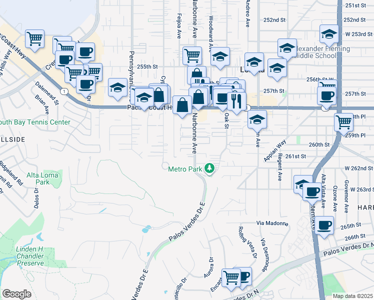 map of restaurants, bars, coffee shops, grocery stores, and more near 26100 Narbonne Avenue in Lomita