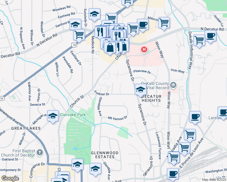 map of restaurants, bars, coffee shops, grocery stores, and more near 243 Forkner Drive in Decatur
