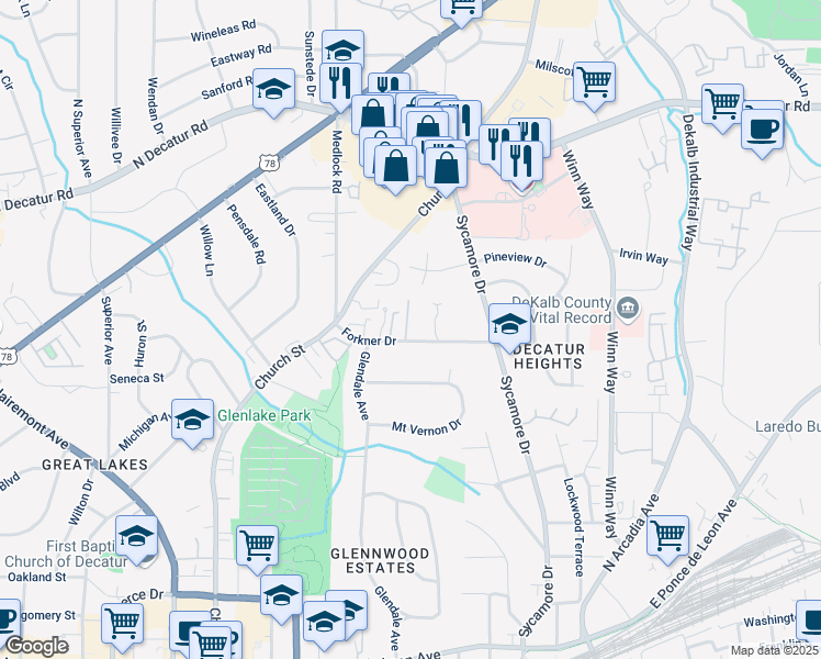 map of restaurants, bars, coffee shops, grocery stores, and more near 243 Forkner Drive in Decatur
