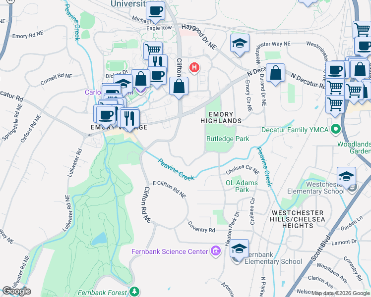 map of restaurants, bars, coffee shops, grocery stores, and more near 1656 Ridgewood Drive Northeast in Atlanta