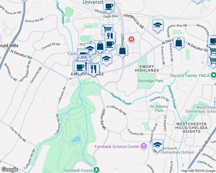 map of restaurants, bars, coffee shops, grocery stores, and more near 1169 East Clifton Road Northeast in Atlanta