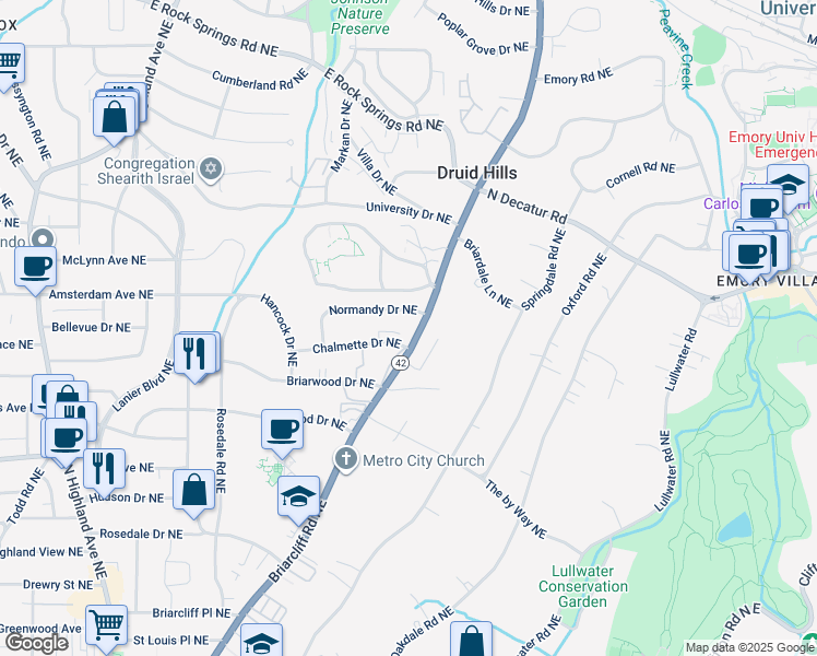 map of restaurants, bars, coffee shops, grocery stores, and more near 1151 Briarcliff Road Northeast in Atlanta