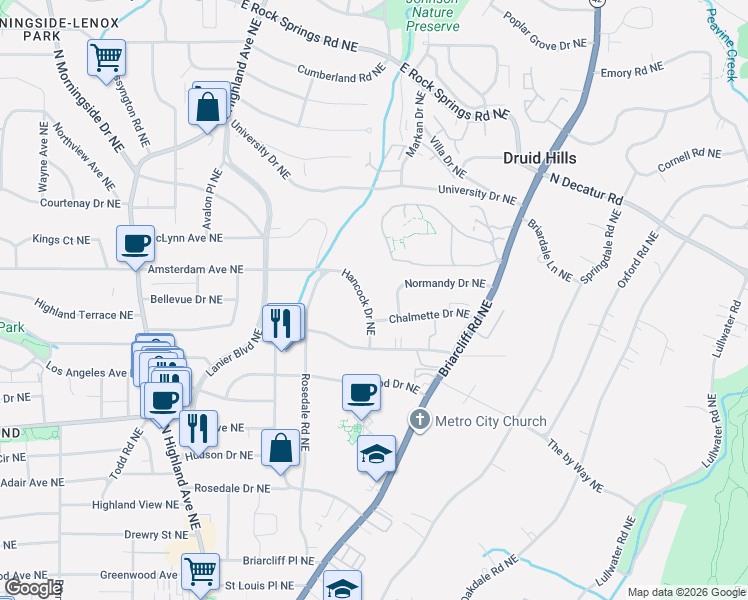 map of restaurants, bars, coffee shops, grocery stores, and more near 1149 Hancock Drive Northeast in Atlanta