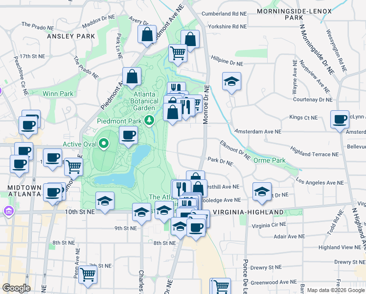 map of restaurants, bars, coffee shops, grocery stores, and more near 542 Park Drive Northeast in Atlanta