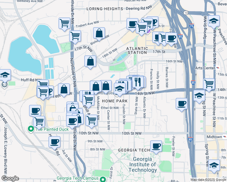 map of restaurants, bars, coffee shops, grocery stores, and more near in Atlanta
