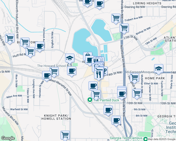 map of restaurants, bars, coffee shops, grocery stores, and more near 790 Huff Road Northwest in Atlanta