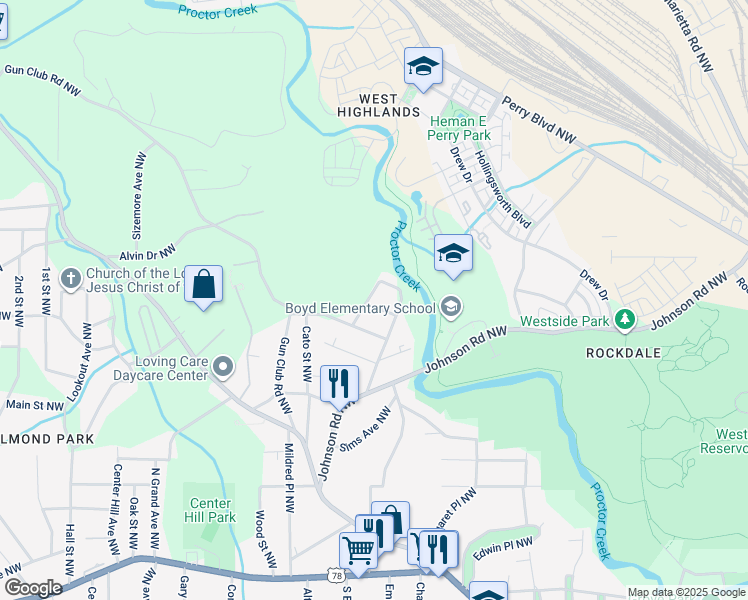 map of restaurants, bars, coffee shops, grocery stores, and more near 1976 East Avenue Northwest in Atlanta