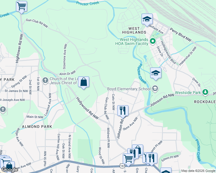 map of restaurants, bars, coffee shops, grocery stores, and more near 1126 Cato Street Northwest in Atlanta
