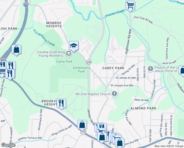 map of restaurants, bars, coffee shops, grocery stores, and more near in Atlanta