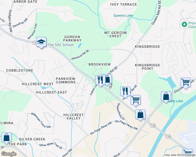 map of restaurants, bars, coffee shops, grocery stores, and more near 6880 Mableton Parkway Southeast in Mableton