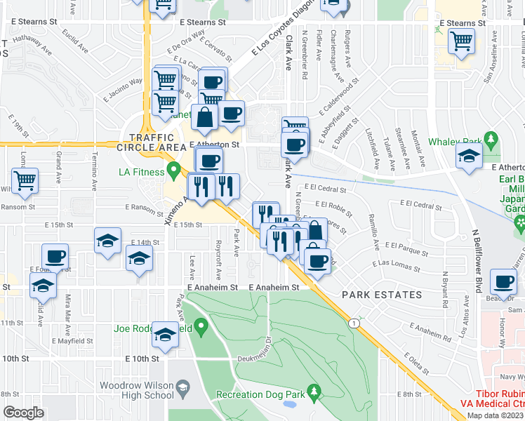 map of restaurants, bars, coffee shops, grocery stores, and more near 4835 Pacific Coast Highway in Long Beach