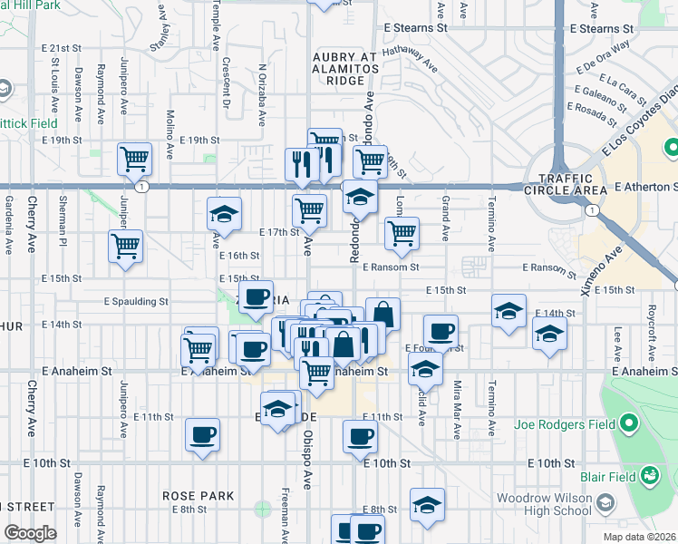 map of restaurants, bars, coffee shops, grocery stores, and more near 3310 East Ransom Street in Long Beach