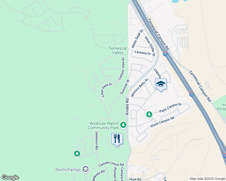 map of restaurants, bars, coffee shops, grocery stores, and more near 22925 Canyon View Drive in Corona
