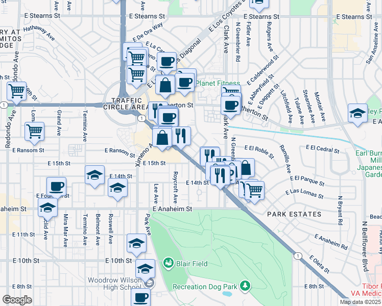 map of restaurants, bars, coffee shops, grocery stores, and more near 4787 Pacific Coast Highway in Long Beach