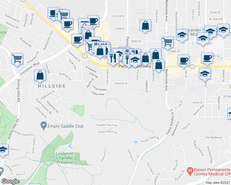 map of restaurants, bars, coffee shops, grocery stores, and more near 26020 Saddle View Drive in Lomita