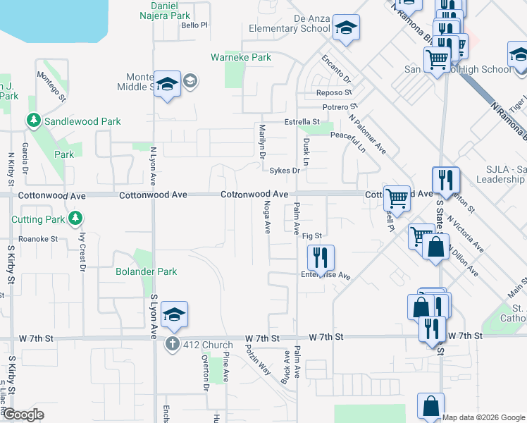 map of restaurants, bars, coffee shops, grocery stores, and more near 162 Noga Avenue in San Jacinto