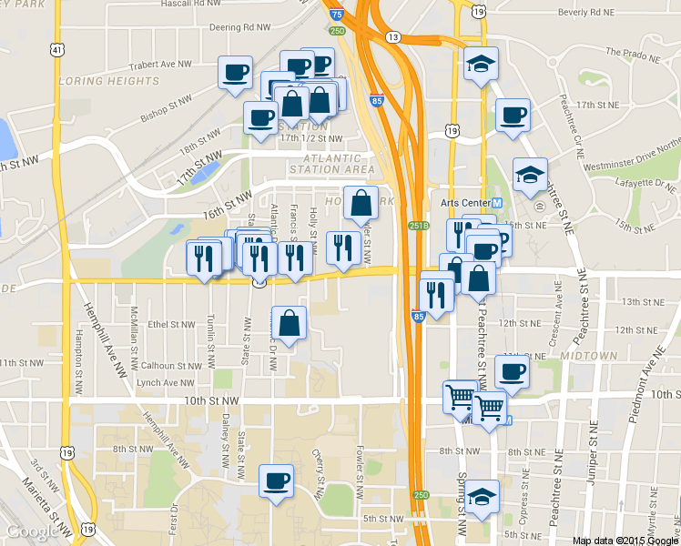 map of restaurants, bars, coffee shops, grocery stores, and more near 14th St NW & Barnes St NW in Atlanta