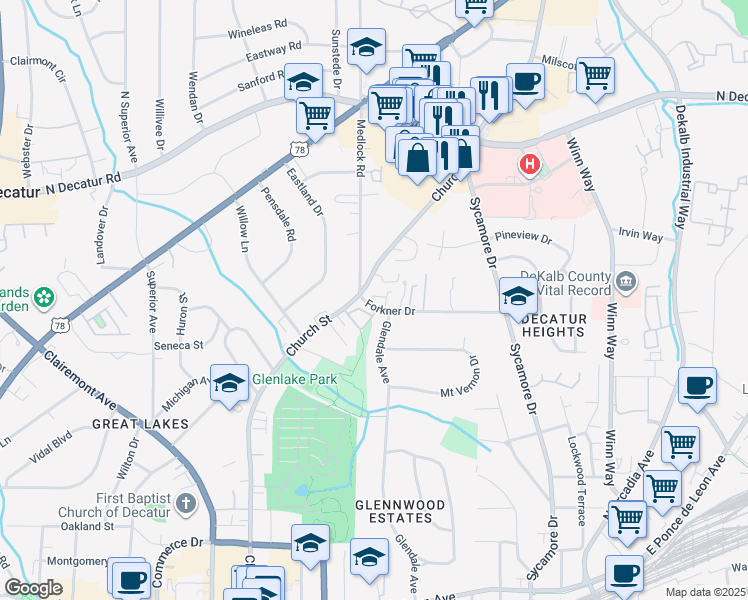 map of restaurants, bars, coffee shops, grocery stores, and more near 624 Glendale Avenue in Decatur