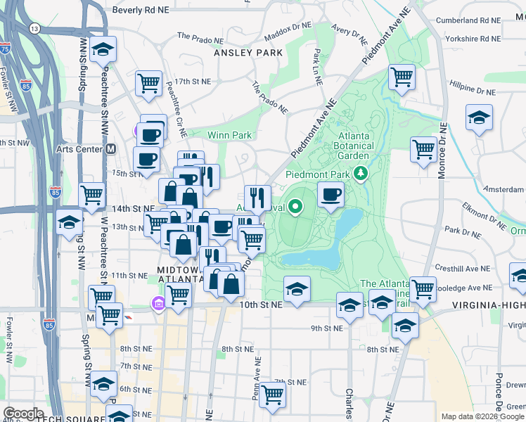 map of restaurants, bars, coffee shops, grocery stores, and more near 1181 Piedmont Avenue Northeast in Atlanta