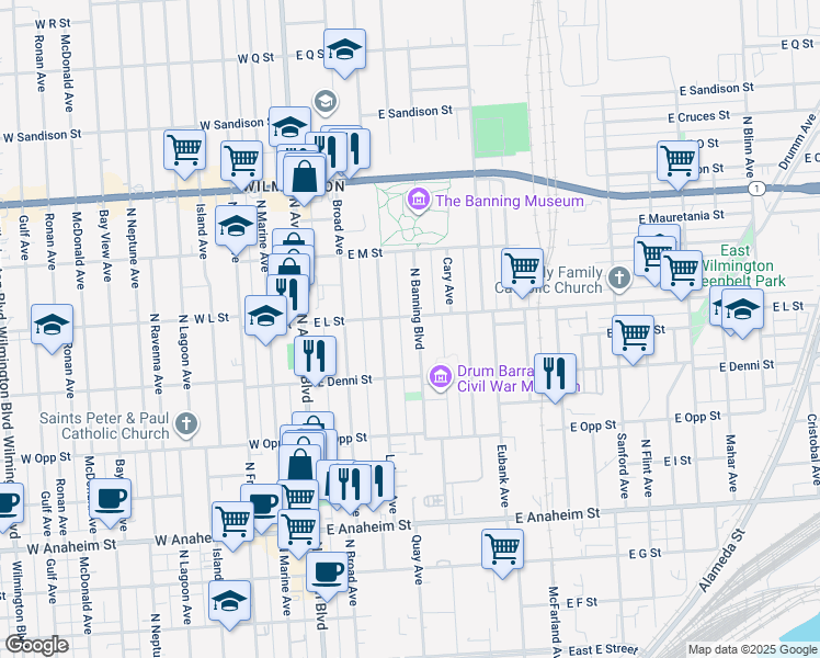 map of restaurants, bars, coffee shops, grocery stores, and more near 1147 North Banning Boulevard in Los Angeles