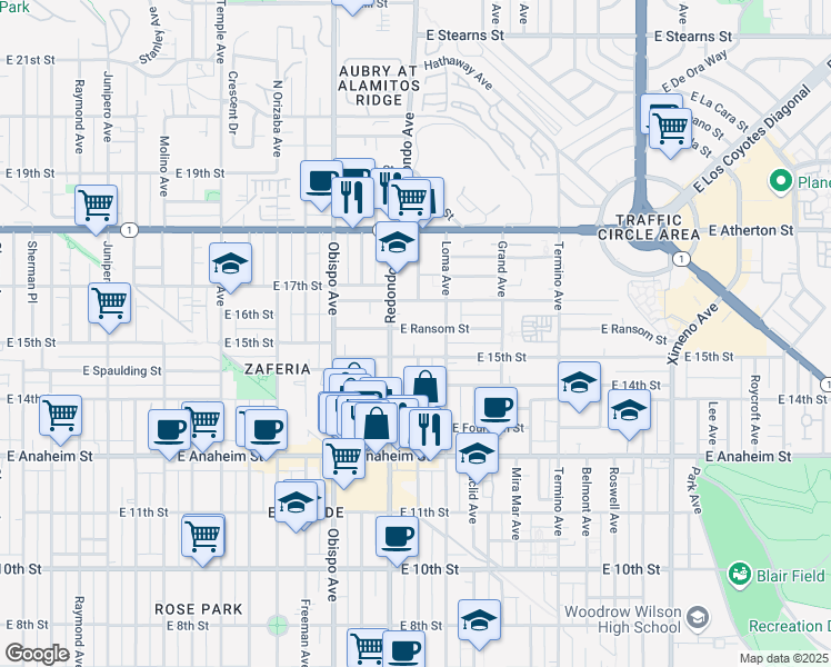 map of restaurants, bars, coffee shops, grocery stores, and more near 3440 East Ransom Street in Long Beach